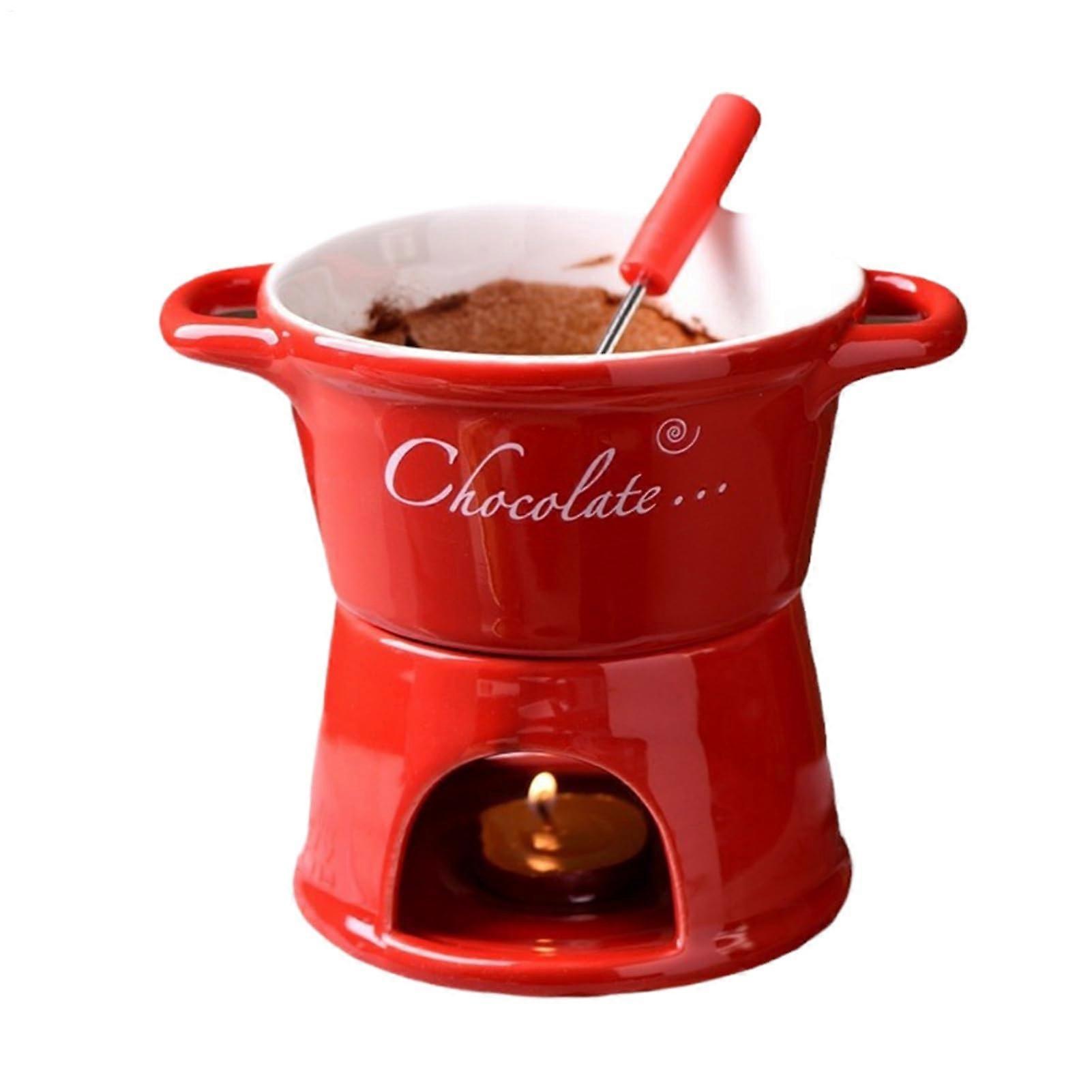 Chocolate Fondue Mug Ceramic Set with Fork for Cheese Dessert Consistent Warming Red Gift