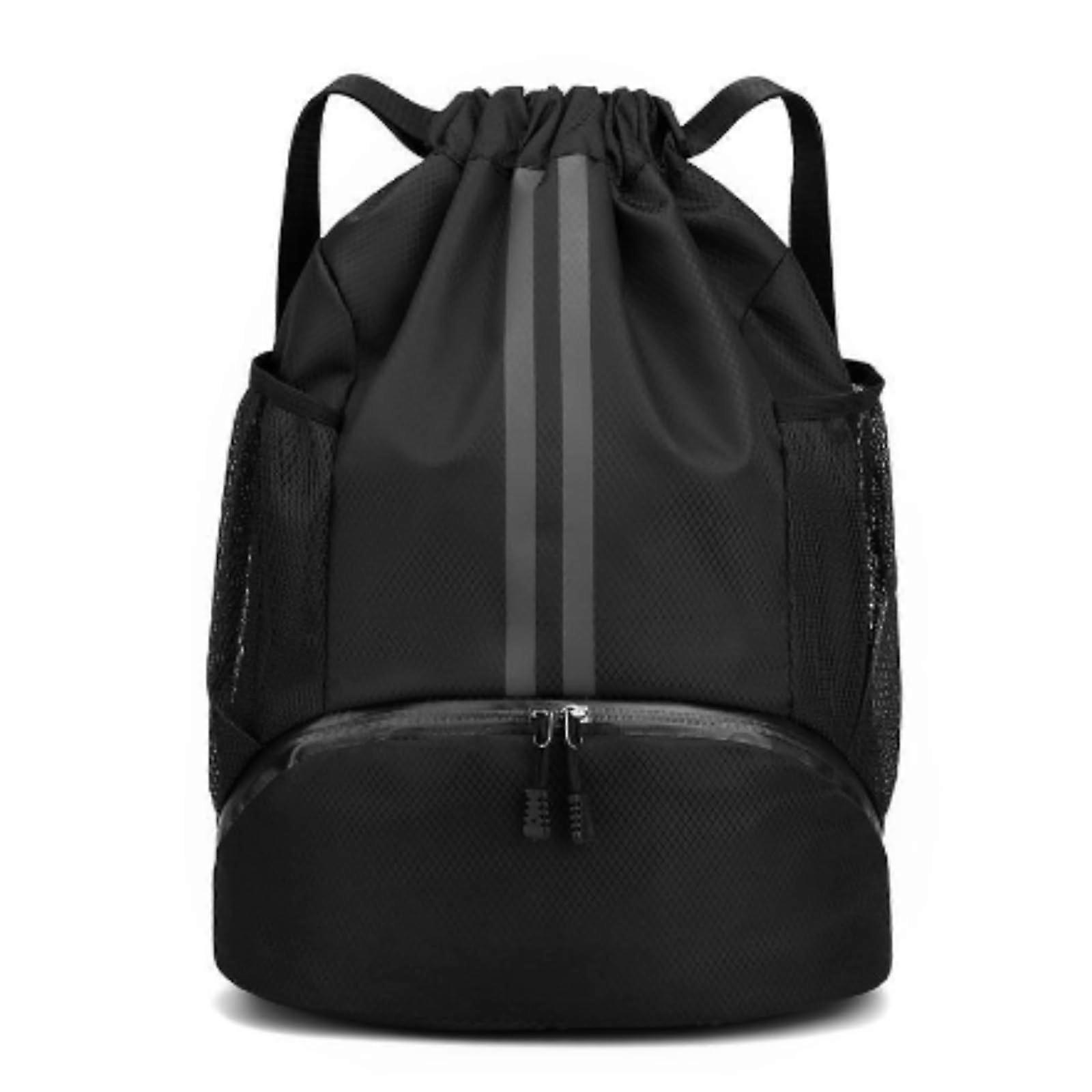 Black Nylon Drawstring Backpack with Adjustable Shoulder Strap, Multiple Pockets and Bottom Zipper Compartment
