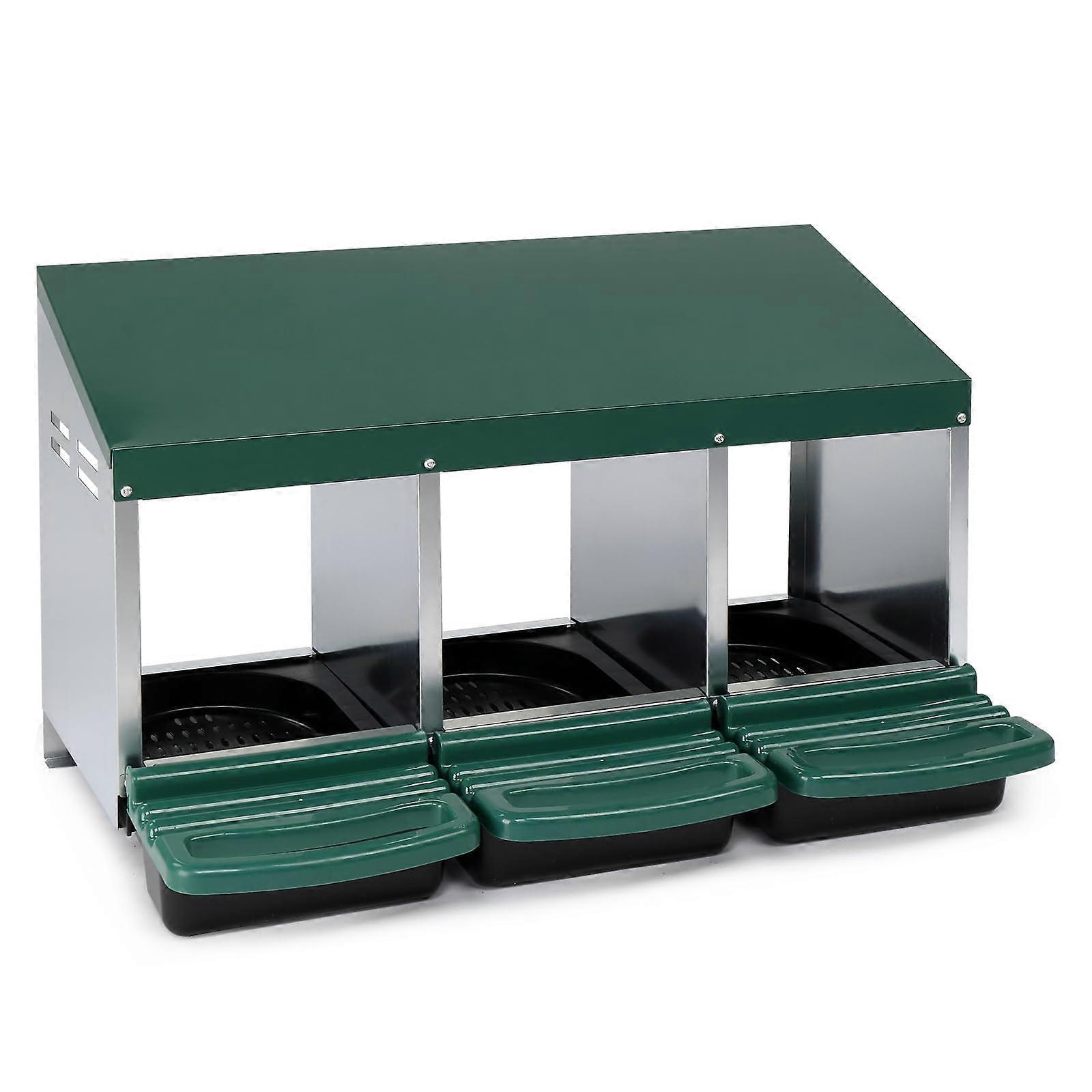 3 Compartment Metal Chicken Nesting Box with Rollout Egg Collection, Durable Steel Frame, Green