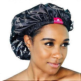 Shower Cap - Extra Large, Black, Satin lined inside, Reversible bonnet, Waterproof outer layer, Adjustable Elastic Strap, Reusable, Washable, Positive