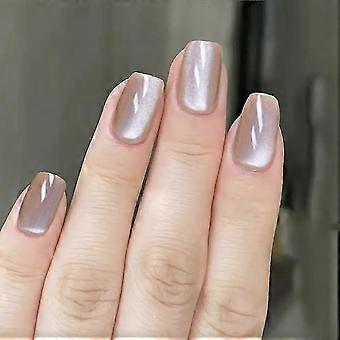 Lichtbruine kunstnagels met kattenoogeffect, korte vierkante glitternagels, herbruikbaar, glanzend, volledige dekking, 24 stuks