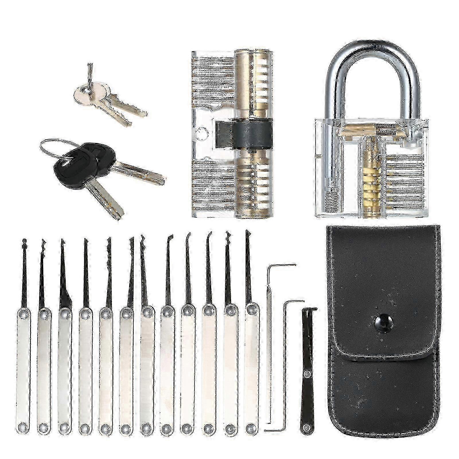 Transparent 15pcs Lock Picking Set with 2 Practice Padlocks for Locksmith Beginners & Professionals