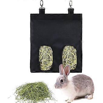 Rabbit Hay Feeder Bag Guinea Pigs Hanging Hay Rack Manger Holder Dispenser Small Animal Feeder Storage Pouch (Black, 2 Windows)