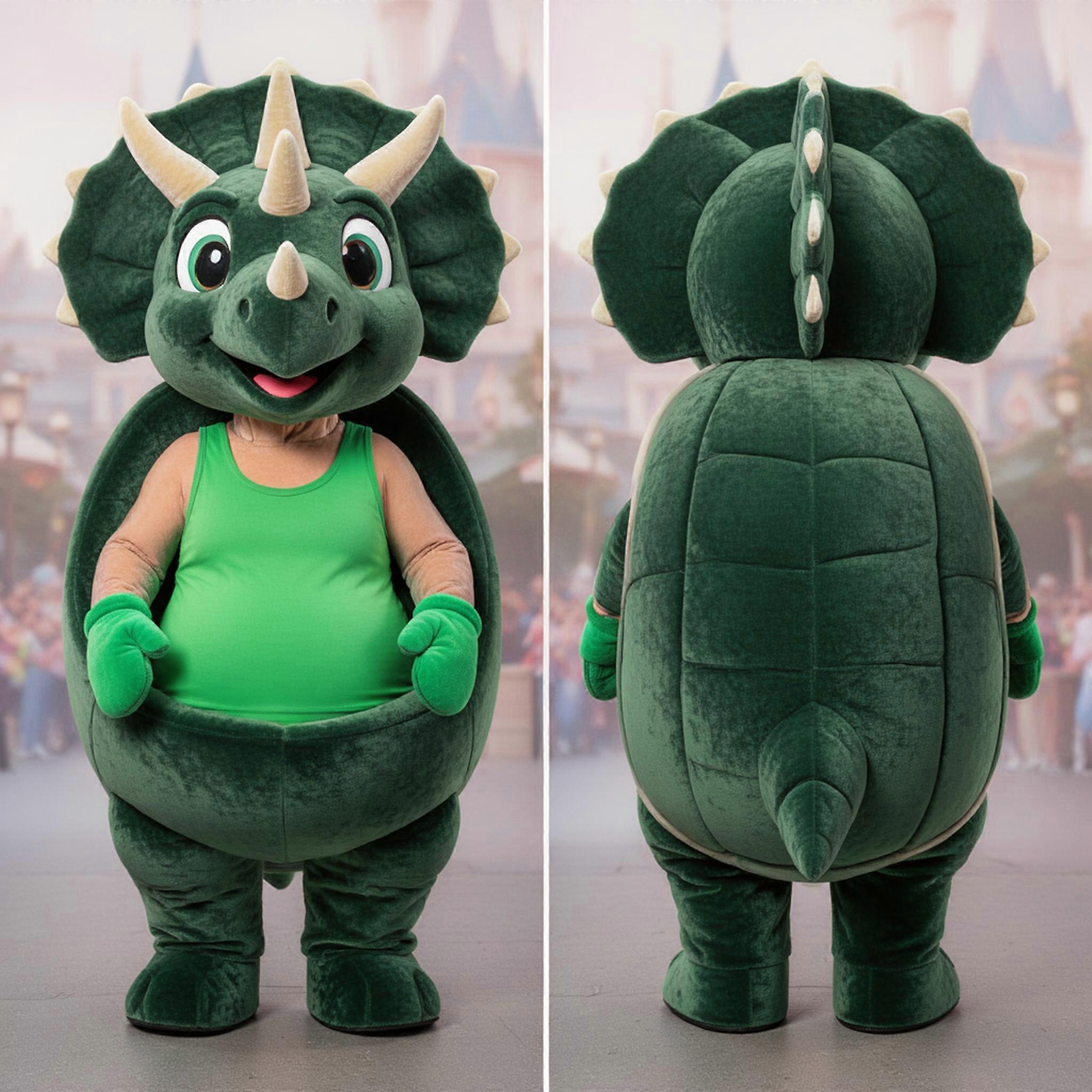 MASTICOT Forest Green Smiling Triceratops Mascot