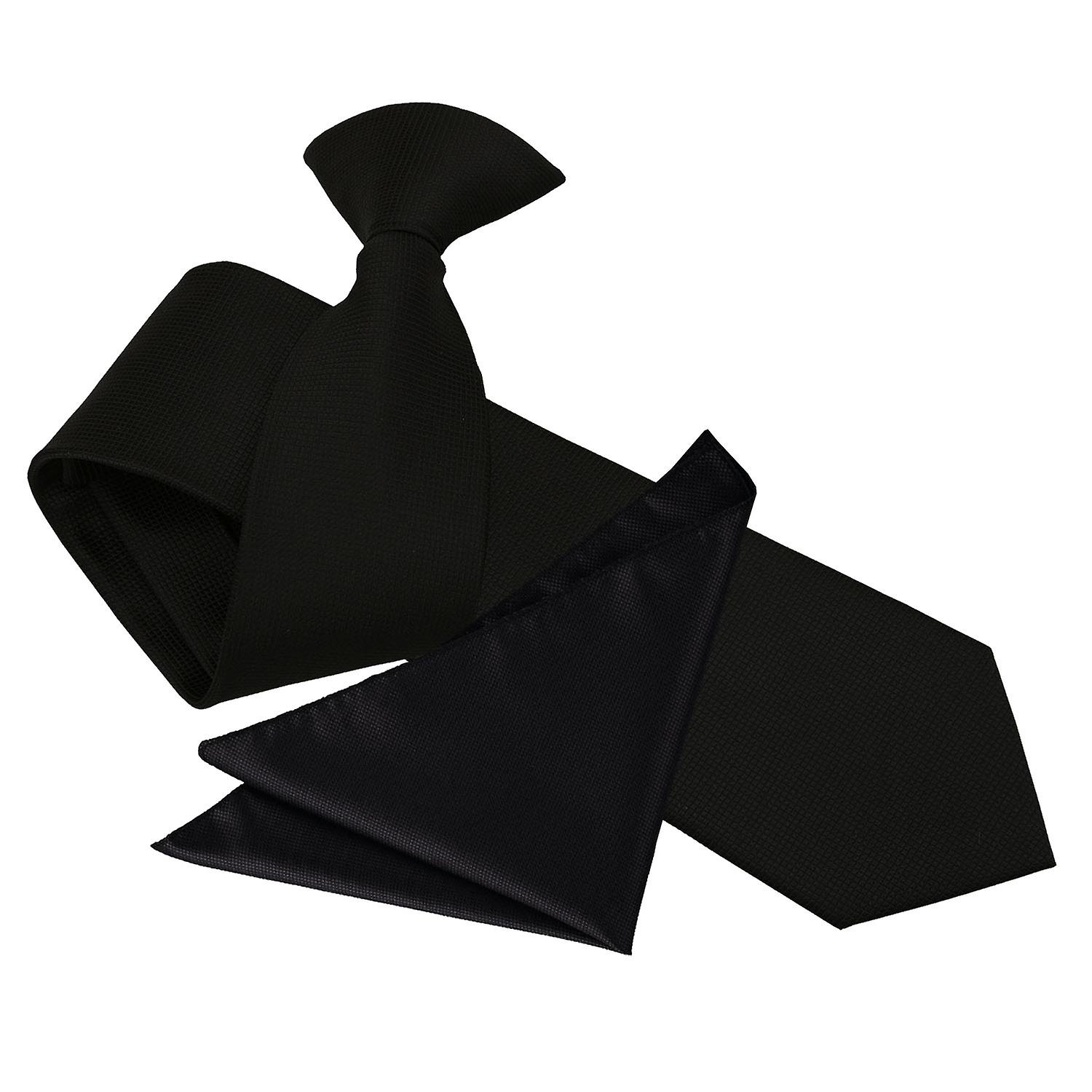 Black Solid Check Clip On Slim Tie and Pocket Square Set