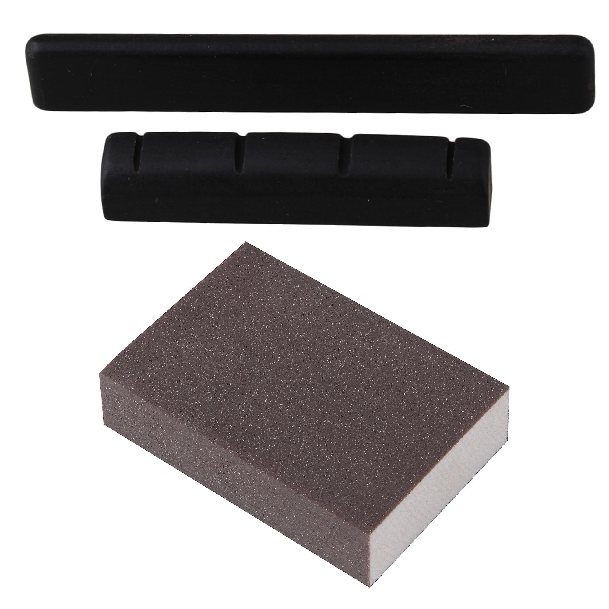 Slotted Ukulele Saddle & Nut Ebony for Guitar Bass w/ Sanding Block Kit