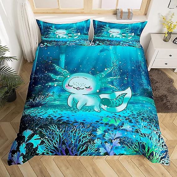 סט מצעים Axolotl Kawaii לילדים עיצוב חדר שינה כחול Axolotl סט כיסוי שמיכה חמוד 3 חלקים