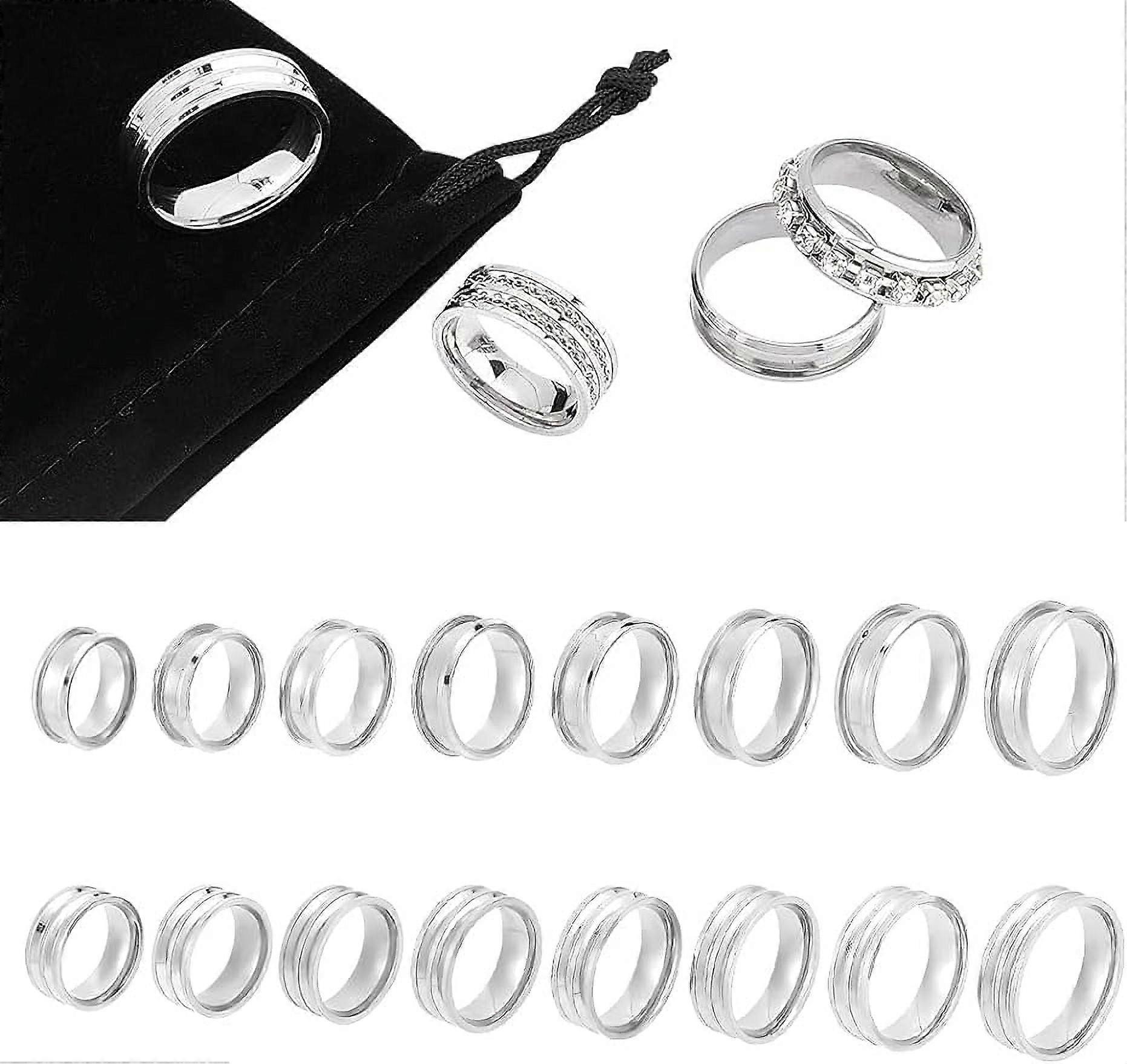 16pcs 2 Styles Blank Core Ring 8 Sizes Stainless Steel Single and Double Grooved Ring with Velvet Pouches Round Blank Ring