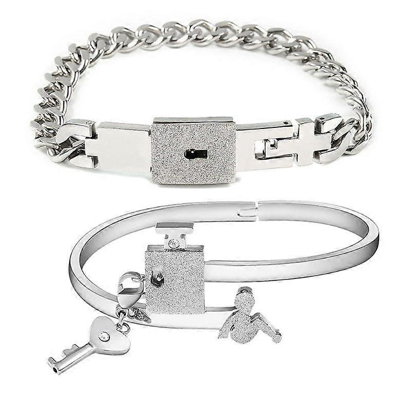 His Hers Love Heart Lock Macthing Bangle Bracelet & Key Bracelet Set for Lovers