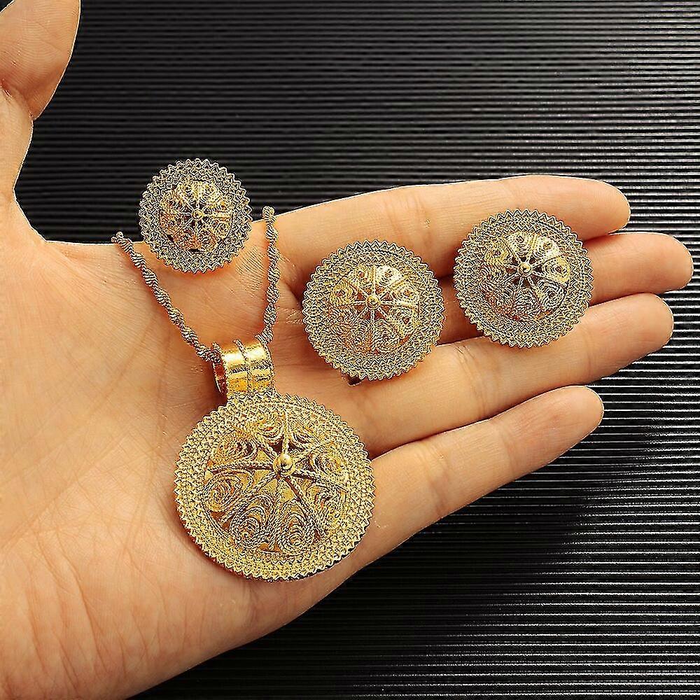 ホットエチオピアのブライダルジュエリーセットアフリカナイジェリアスーダンエリトリアケニアピュアゴールドカラーハバシャスタイルのウェディングセット