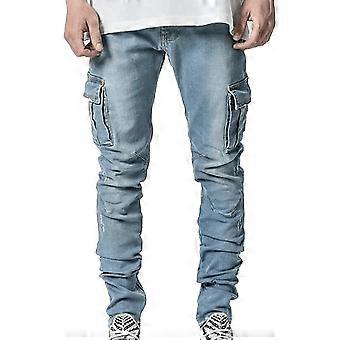 Men Cargo Denim Pants Skinny Jeans Casual Slim Fit Trousers