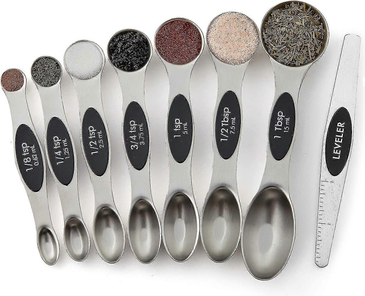 Spring Chef Magnetic Measuring Spoons Set, Dual Sided, Stainless Steel, Fits In Spice Jars, Set Of 8