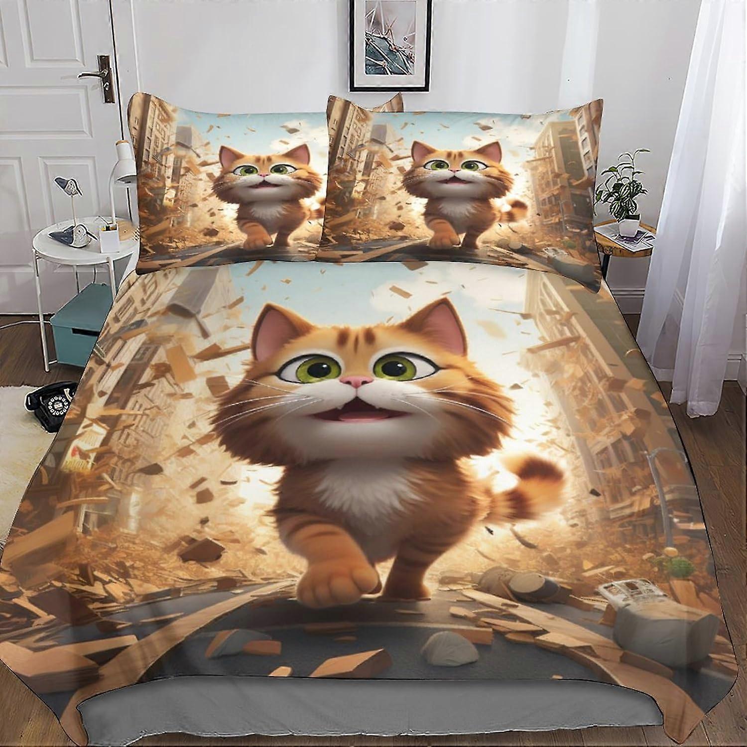 Big Cat 3 Piece Bedding Set with 3D Cute Duvet Cover - Microfiber Bedding Set with Double Zipper Closure