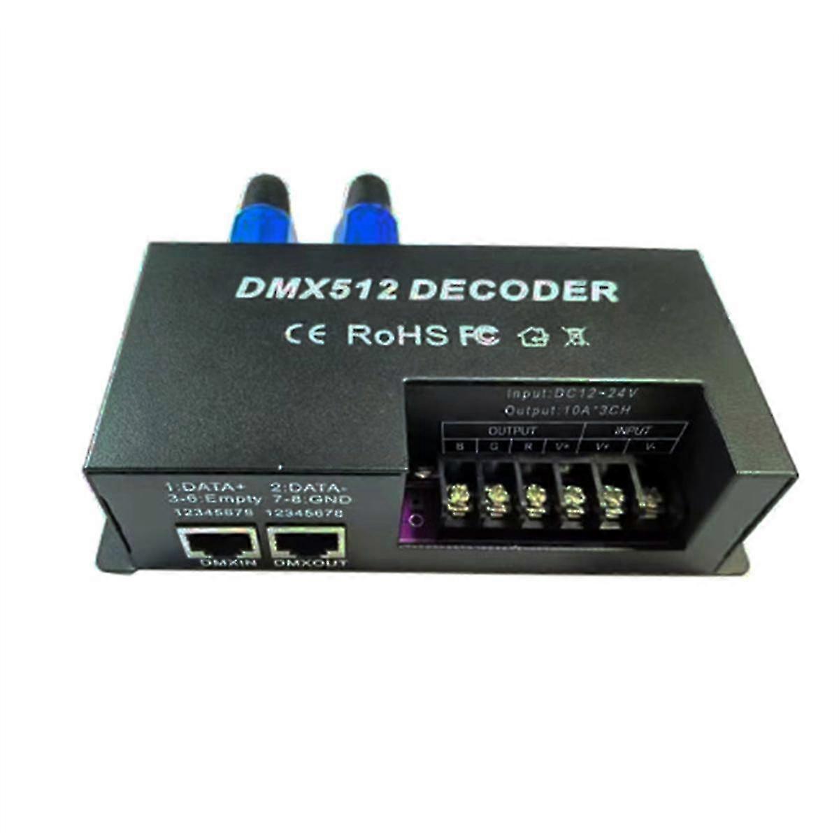 3 قنوات Dmx فك Rgb بقيادة شريط تحكم Dmx 512 Pwm باهتة سائق 30A مدخلات Dc12V-24V Dmx وحدة فك التشفير التحكم في الضوء