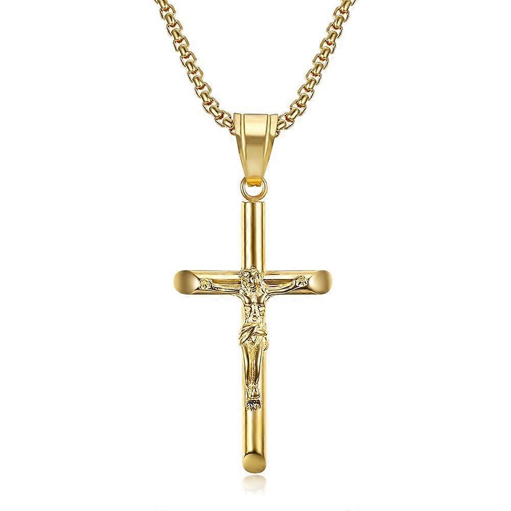 Yellow Gold on Silver Patterned Crucifix Cross Pendant + Chain