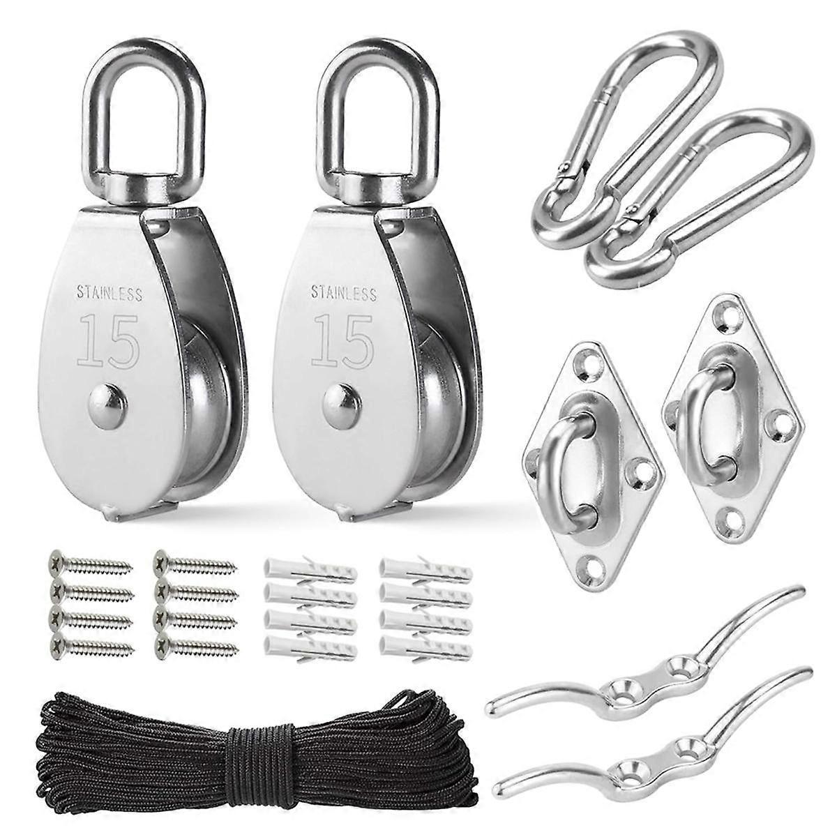 M15 remskivesystem i rustfritt stål Kit-Heavy-Duty remskivehjul, remskiveblokk med nylontau, for løfting, DIY-prosjekter
