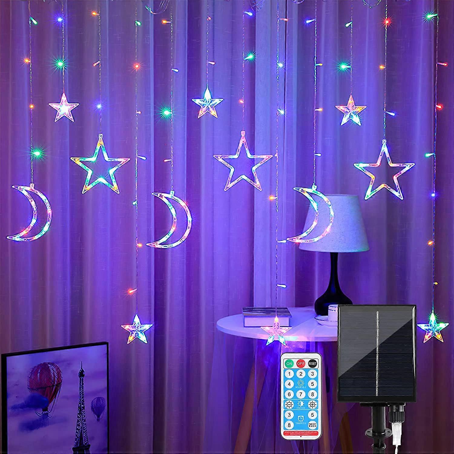 Outdoor Waterproof Solar Star Moon String Lights 138 LED Indoor Solar Powered Twinkle Lights with Remote Control Colorful Wnidow Lights for Christmas 