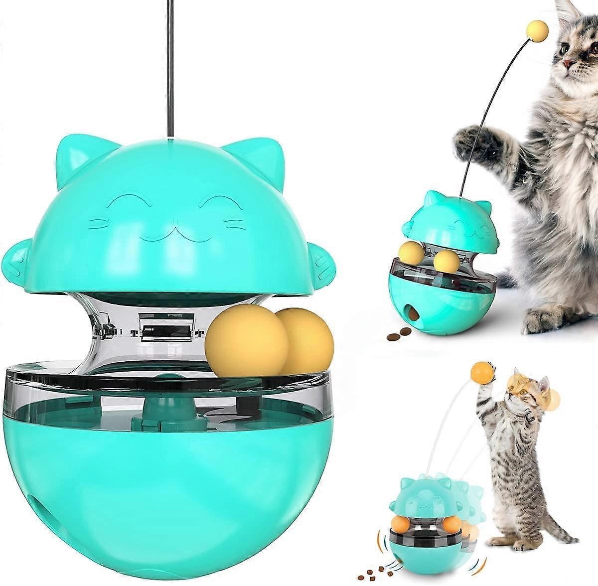 Funny Cat Interactive Toy Tumbler Puzzle Cat Toy Comes with a Funny Cat Stick, Cat Adjustable Leaky Toys for Indoor Cat Play (Lake Blue)