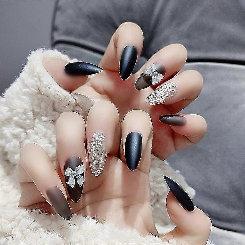 24pcs Clear Bow Nail Patch Sweet Style Removable Long Paragraph Manicure Save