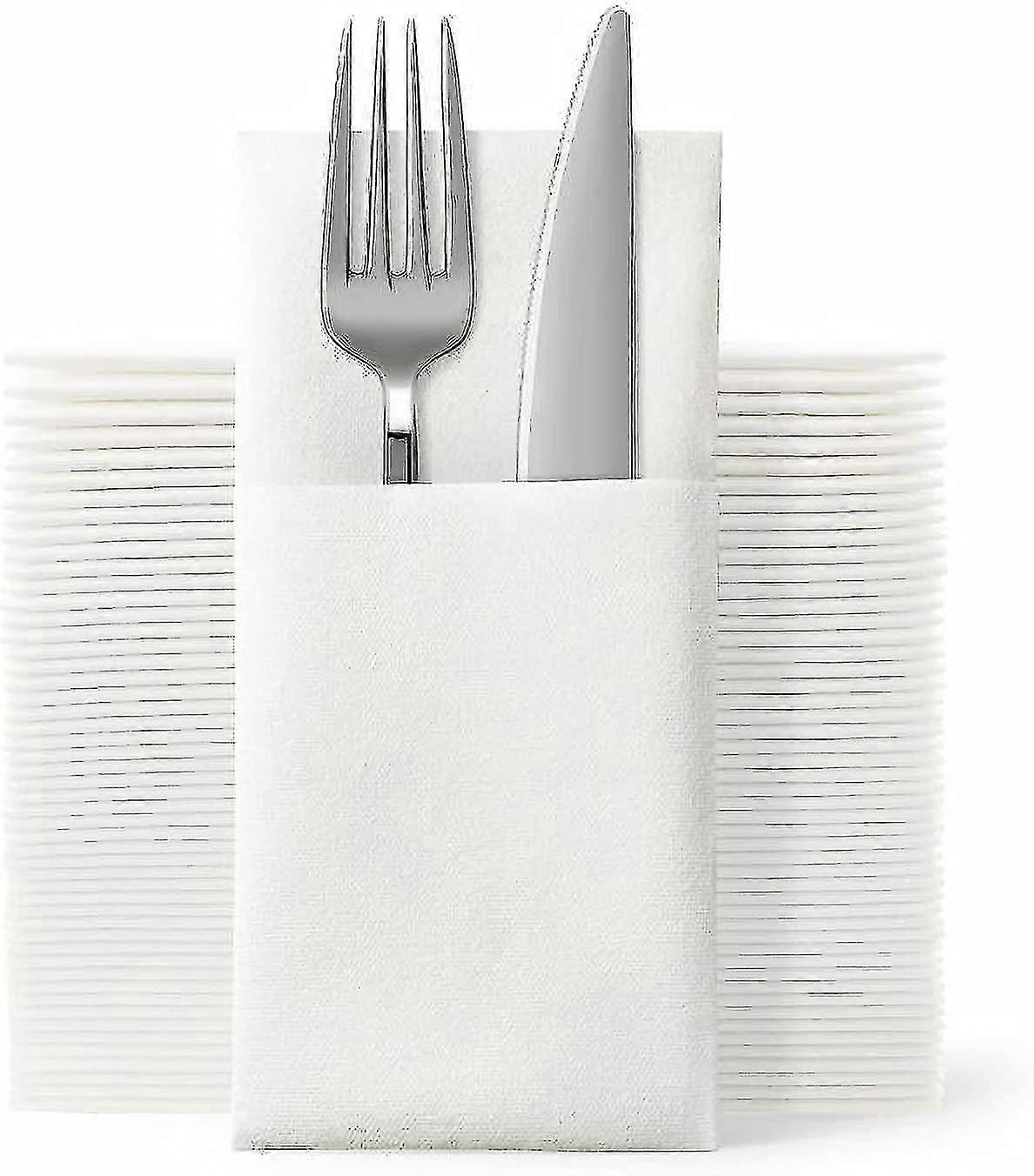 50 Pack Serviettes en tissu jetables Couverts intégrés Poche Lin blanc Feel Serviettes de table Fête de mariage Pré-pliée Argenterie (hy)