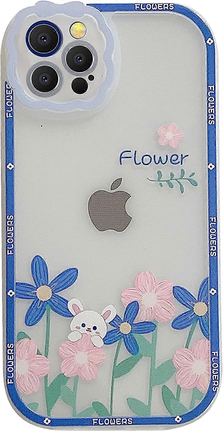 iPhone 12 Pro Max Case, Cute Flowers Bear Pattern Case with Lens Protector Clear Rabbit Floral Printing Soft TPU Case for Girls Woman Lovely Case for 