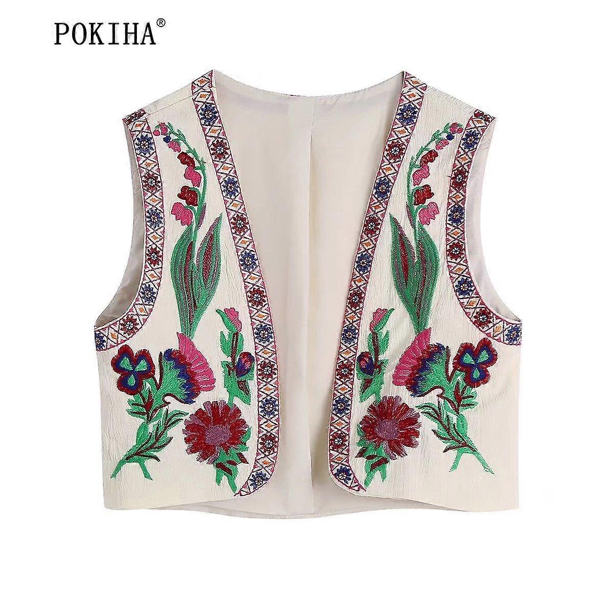 Pokiha النساء جديد خمر يا الرقبة الترتر زهرة التطريز سترة قصيرة سترة السيدات بلا أكمام عارضة أنيقة المخملية الخصرقمعطف قمم