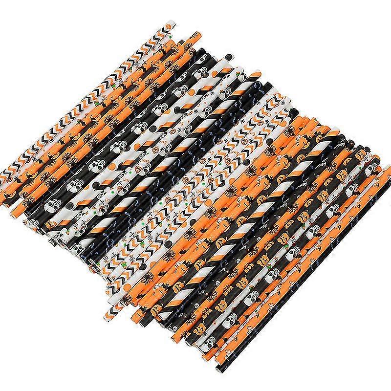 100pcs Halloween Paper Straws Pumpkin Bat Spider Web Skeleton Pattern