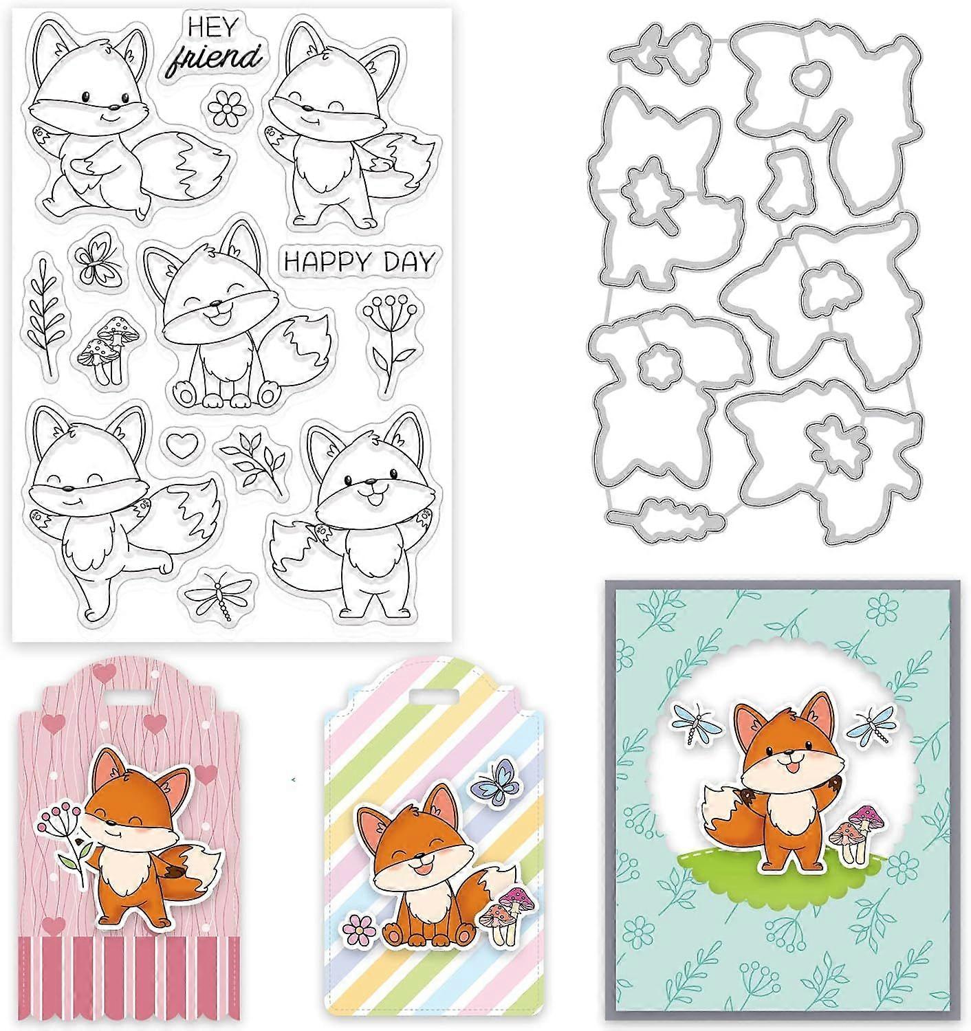 Fox Cut Dies and Clear Stamp Animals Machine Embossing Template and Silicone Stamp for Card Scrapbooking Card Making DIY Craft Decoration