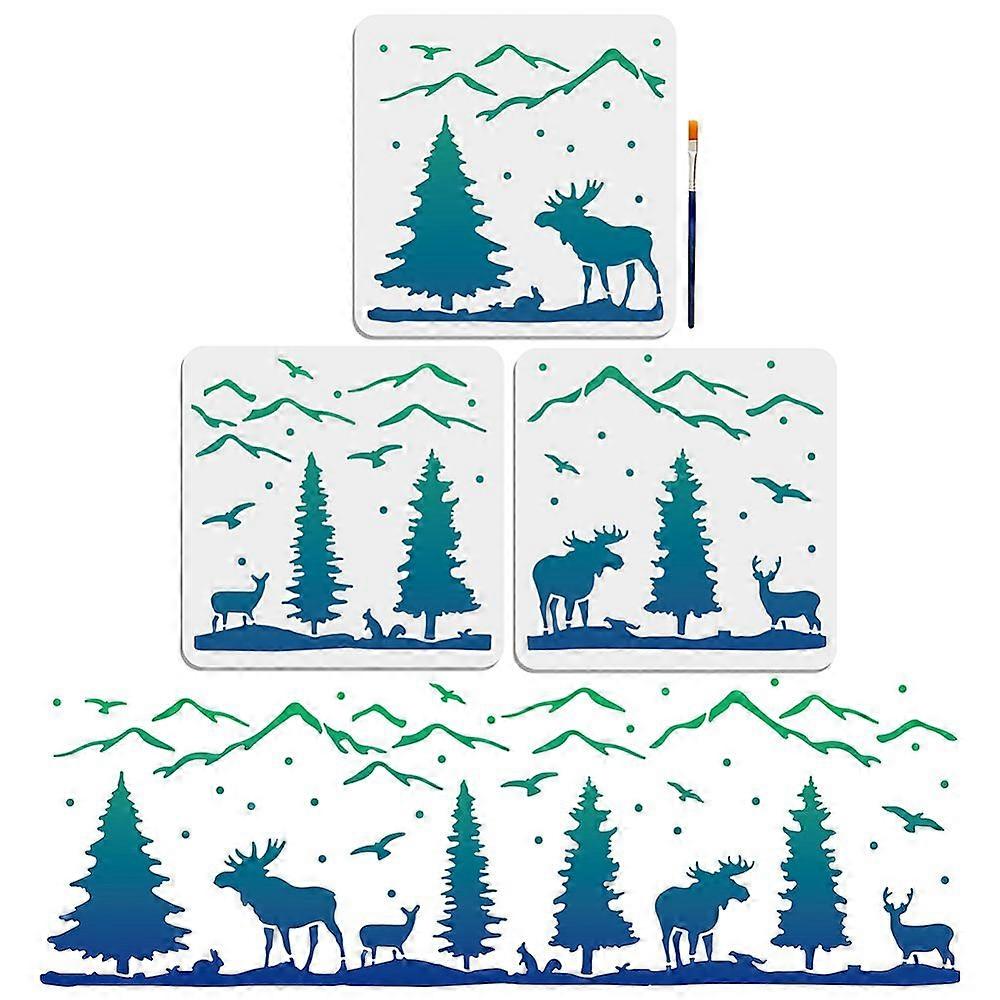 1Bag US 1 Set PET Hollow Out Drawing Painting Stencils with 1Pc Art Paint Brushes for DIY Scrapbook Photo Album Mountain & Tree Deer Pattern Stencils: