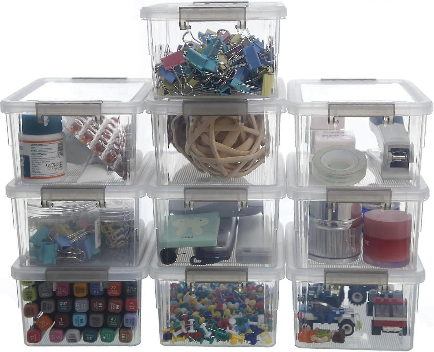 A set of 10 small storage boxes with covers, transparent stackable plastic mini storage boxes