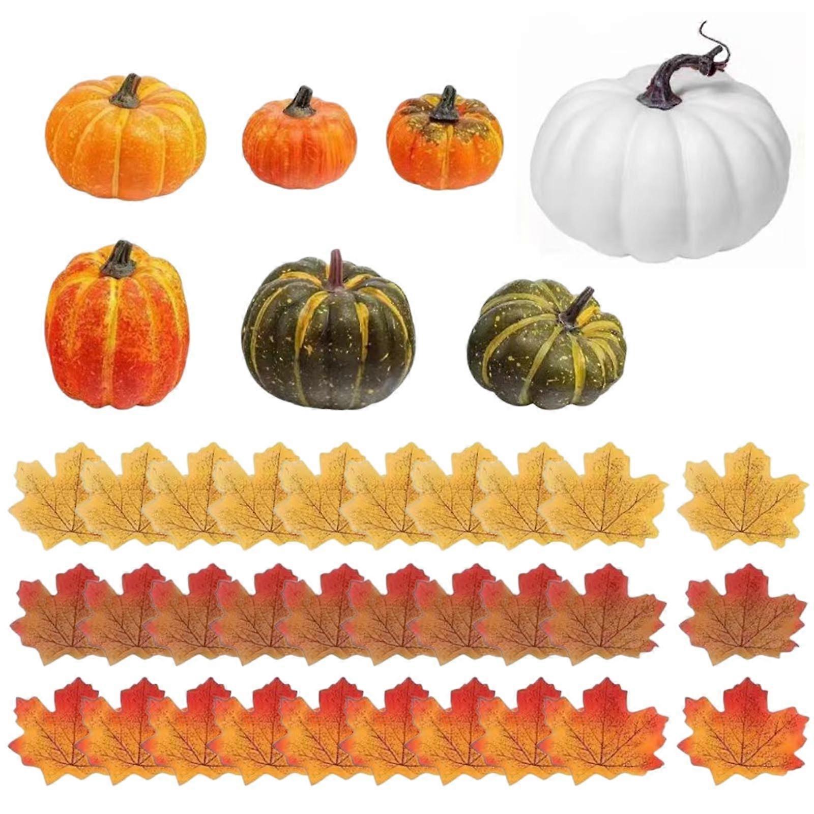 7pcs Foam Artificial Pumpkin with Leaf Halloween Artificial Craft Colorful Pumpkin Garden Desk Home Figures Decorations White