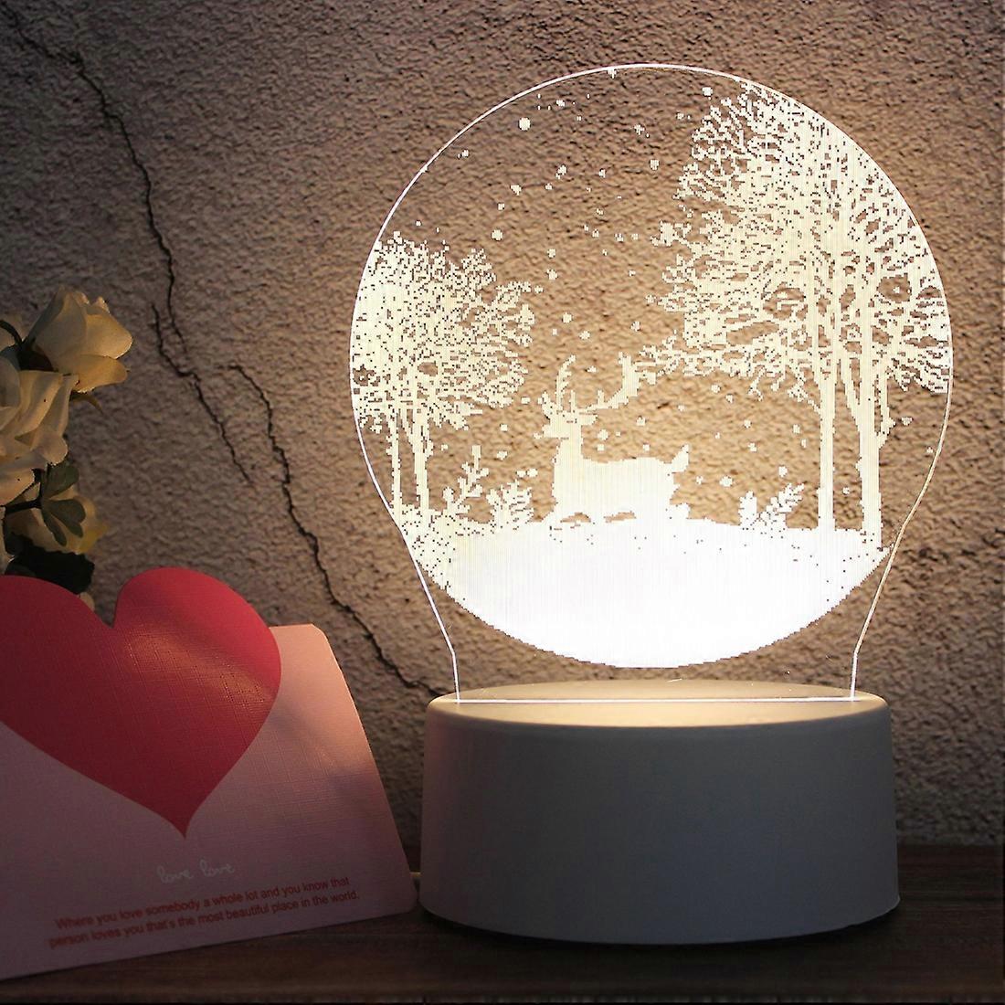 White Base Creative 3D Tricolor LED Decorative Night Light, Plug Version Snow Deer 01
