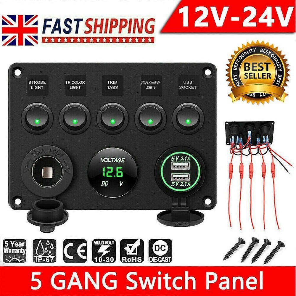 5 Gang Campervan RV 12V LED Light Switch Control Panel Voltmeter USB Charger No.09204