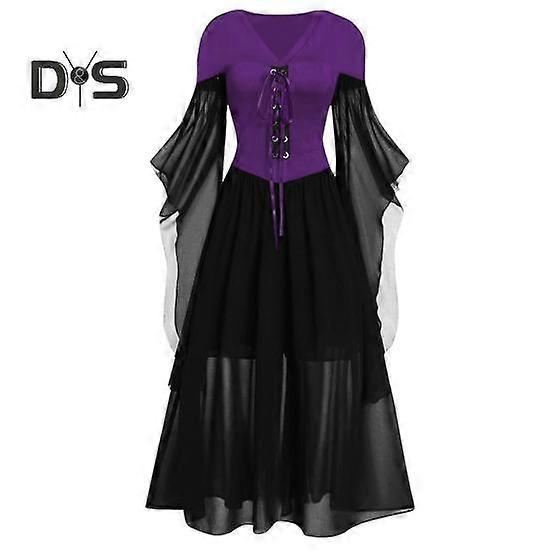 Women Cosplay Dress Gothic Style Witch Halloween Party Costume Lace-up Strap V Neck Color Matching Long Horn Sleeves A-line Performance Dress
