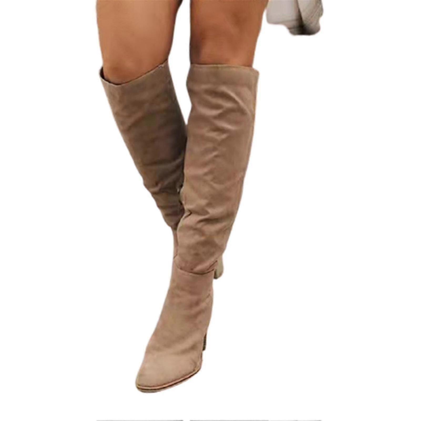 Botas de camurça femininas para o inverno sobre botas longas de joelho com salto grosso fácil de colocar na moda