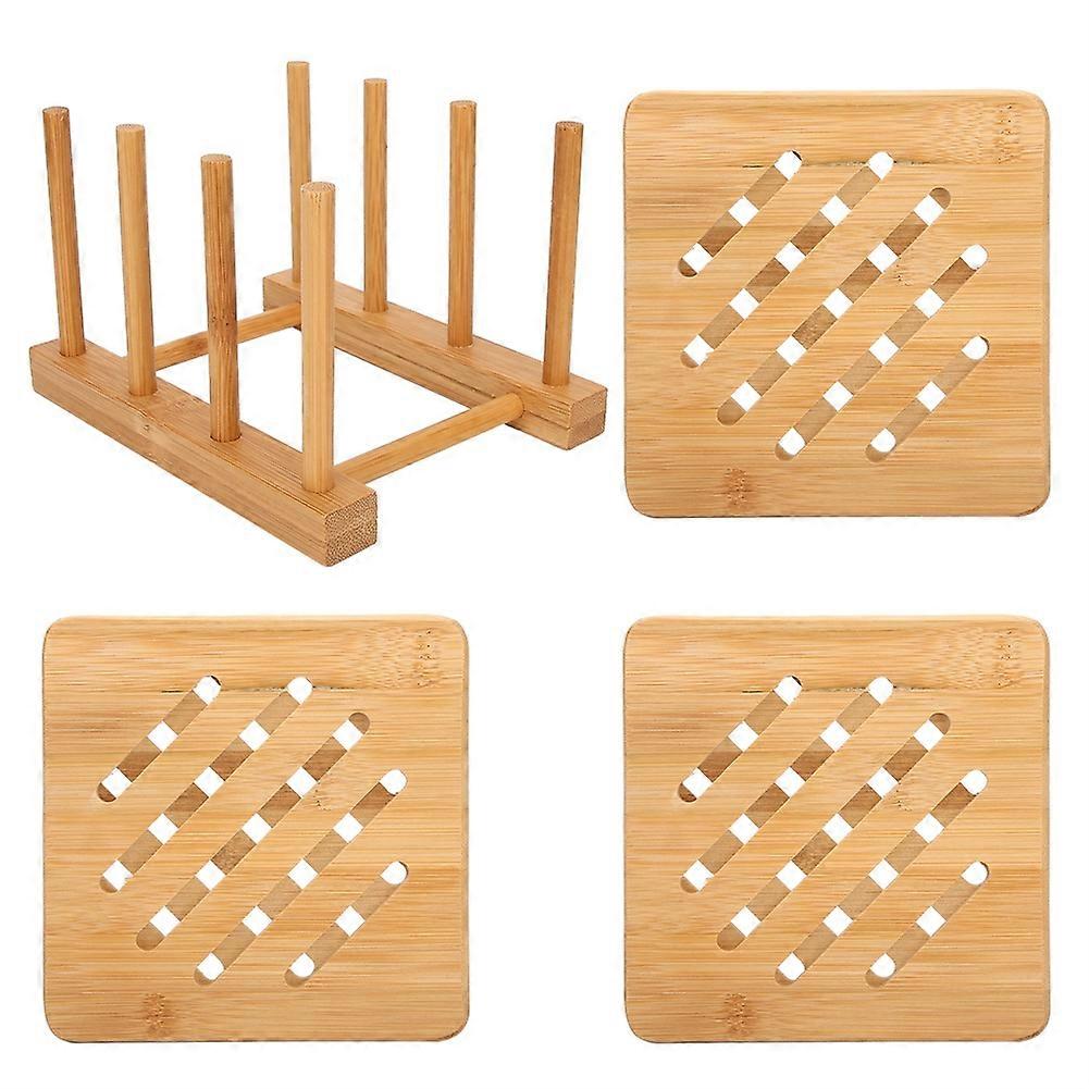 Bamboo Multifunctional Bowl Dish Draining Rack with Table Mat Insulation Pad Kit Kitchen Tool