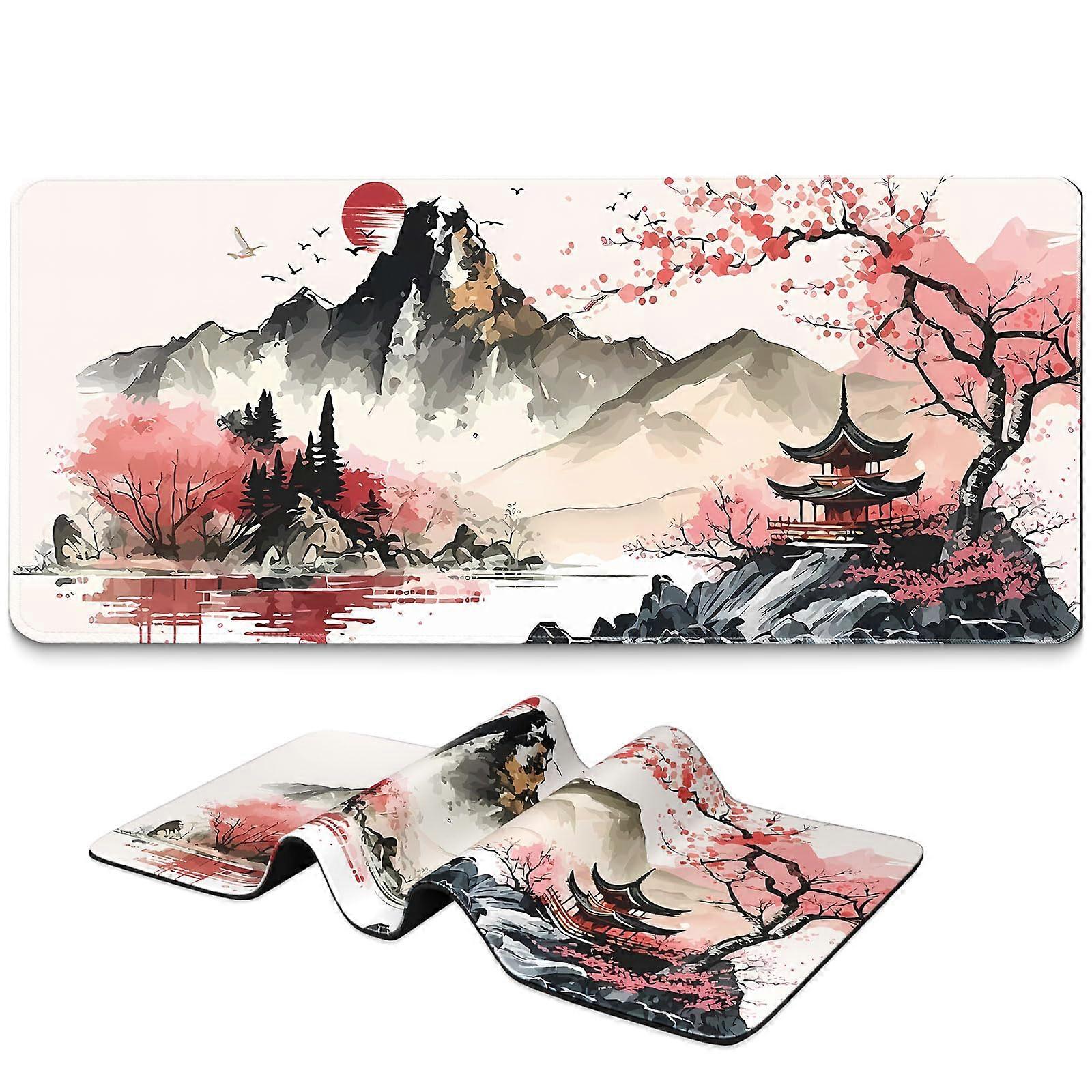Long Gaming Mouse Pad 31.5 x 11.8 Inches, Extended Anime Design, Large Non-Slip Base Keyboard Mat, Stitched Edges, Cherry Blossom