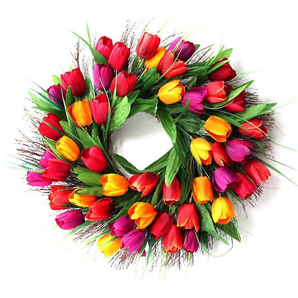 18 Inch Artificial Spring Red Tulip Wreath for Front Door Window Decoration