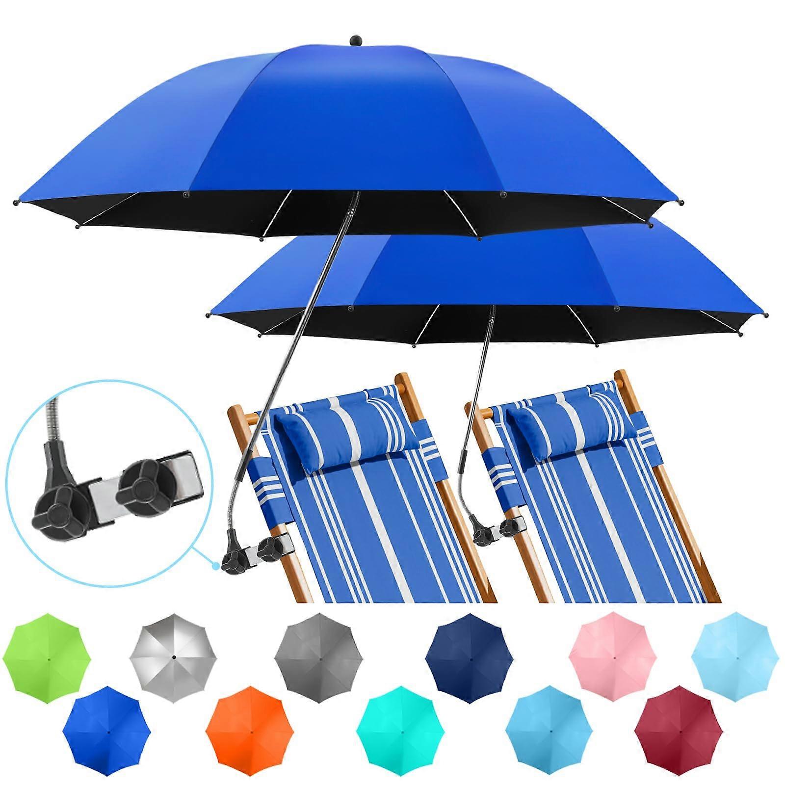 2 Pack Umbrella Clamp 360° Adjustable UPF50+ Beach Chair Umbrella for Veranda, Wheelchair, Camping Chair, Golf Carts - Azure Blue