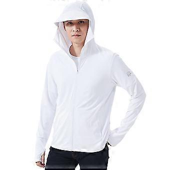 Summer UV Sun Protective Coat Mens Thin Breathable Quick Drying Hooded Jacket Outdoor Fishing Ice Silk Shirt with Pocket  male white XL