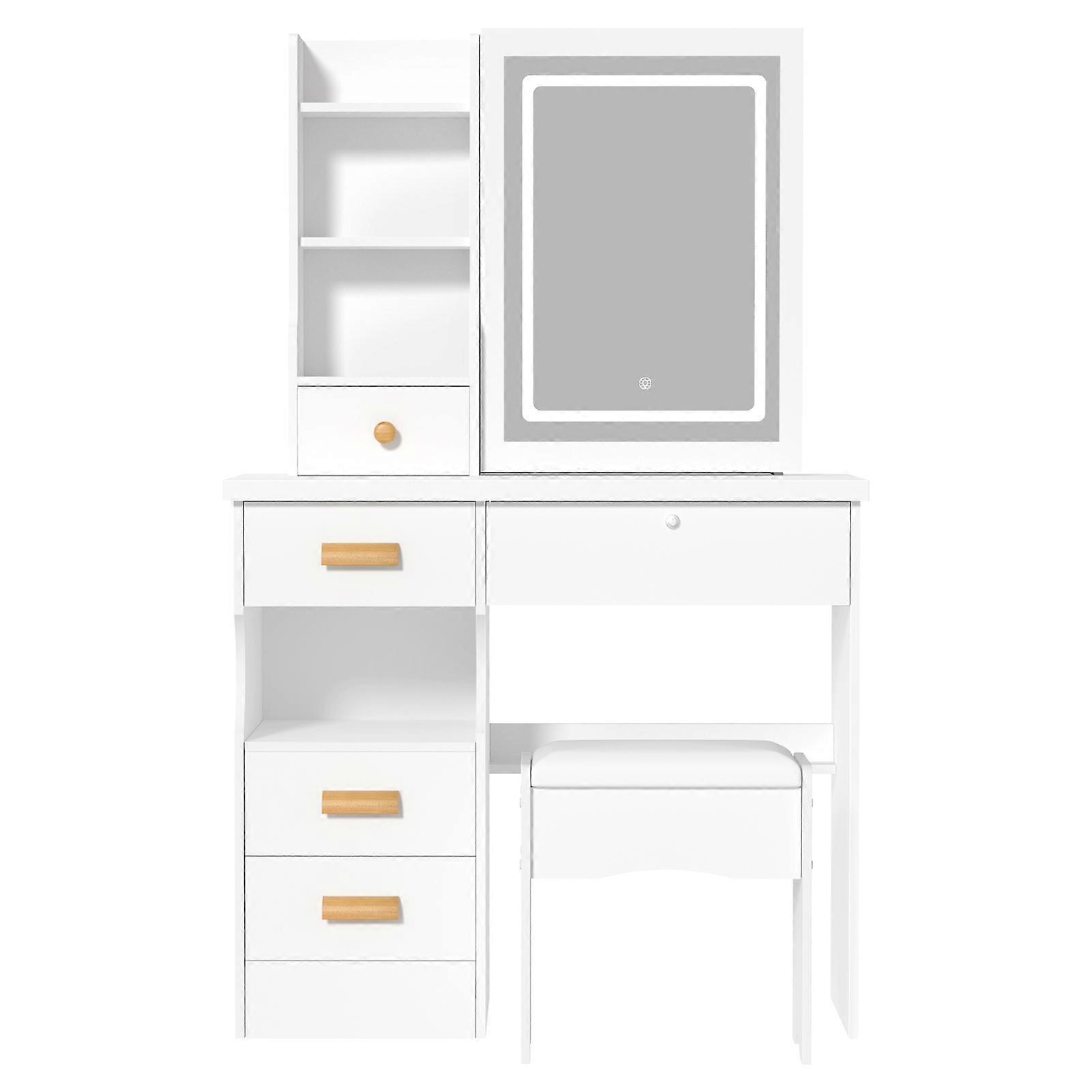 Tocador de maquillaje con taburete, espejo LED y amplios compartimentos organizadores.