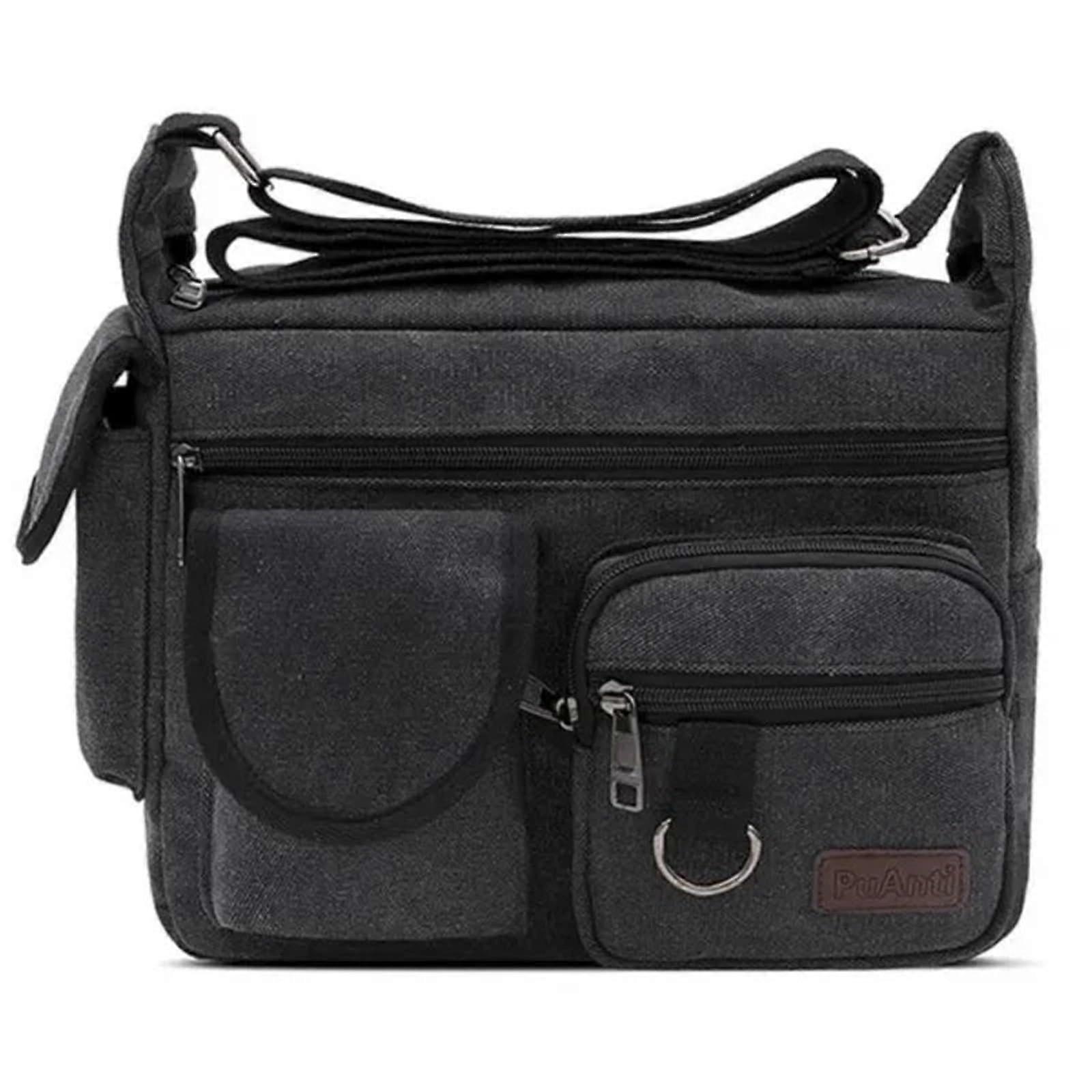 Briefcase Men's Canvas Messenger Bag, Large Capacity, Multi-Compartment, Casual Crossbody, For Students And Travel, Black