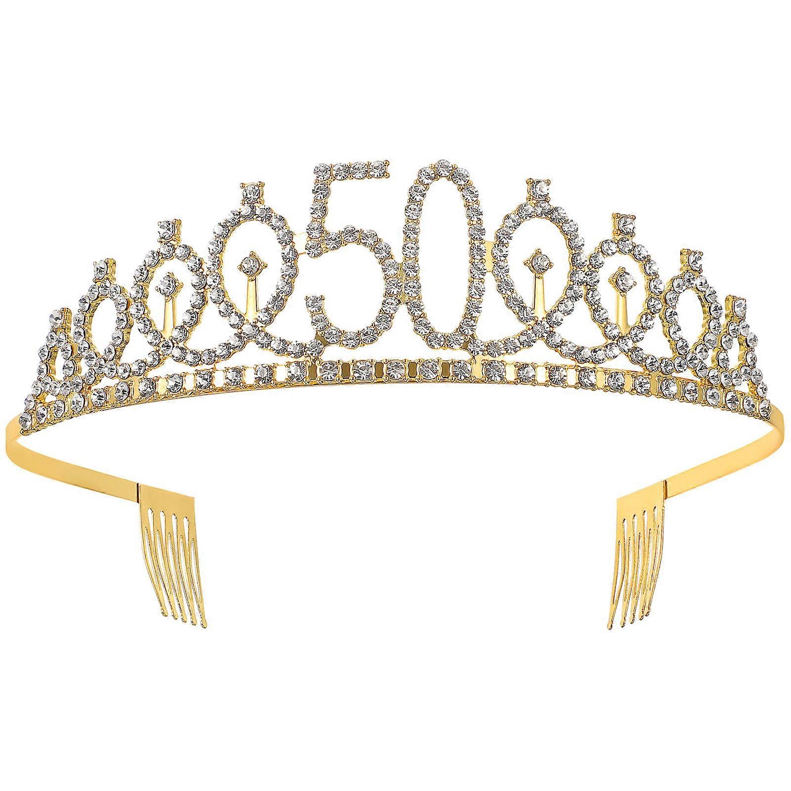 Golden Crystal Tiara Crown with Hair Combs for 50th Birthday Party Decorations Fits Most Girls One Size