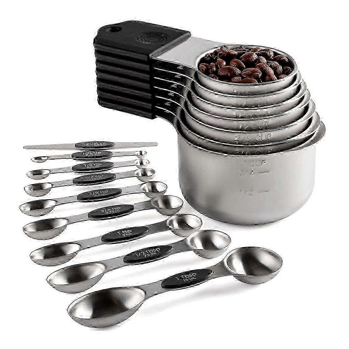 16Pc Magnetic Stainless Steel Measuring Cups & Spoons Set - 7 Cups & 8 Double-Sided Spoons with FroEdition 0724