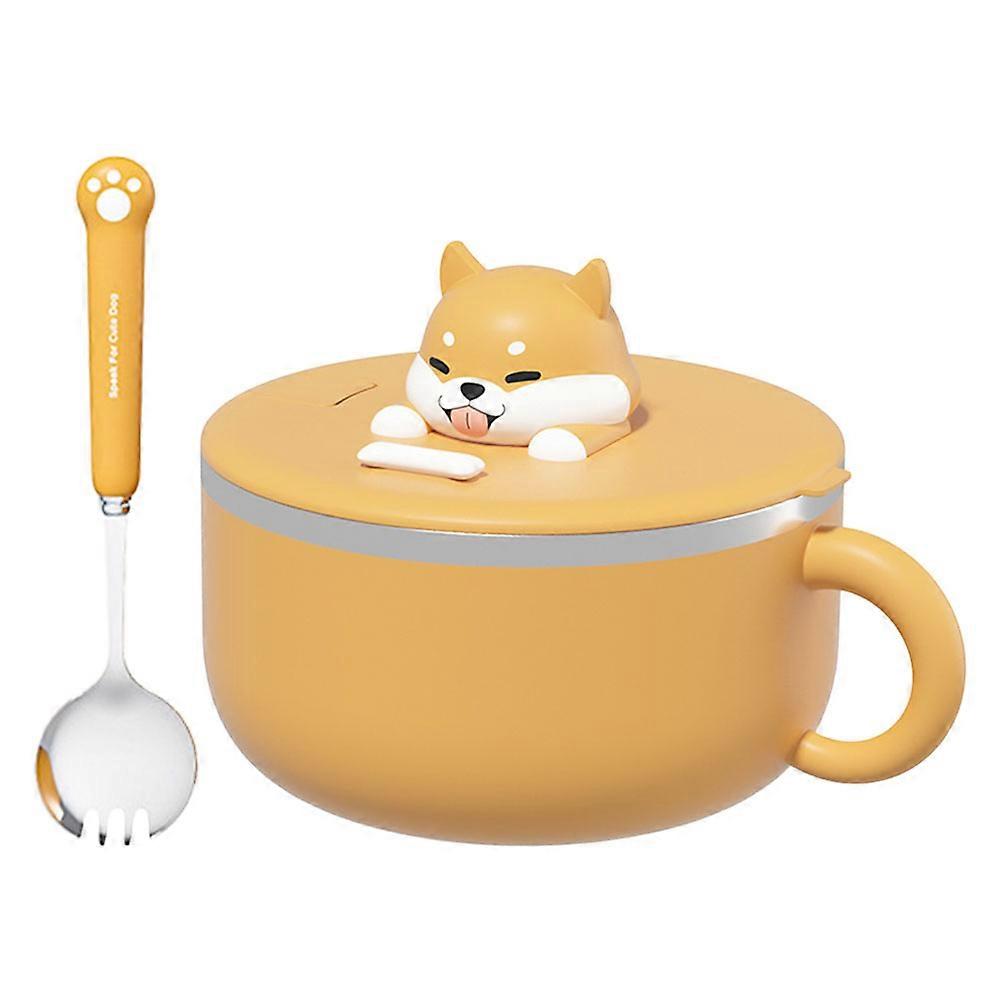 Fun Cartoon Design Ramen Bowl For Dormitory Use And Family Picnics 1200ml Insulated Yellow With Lid And Spoon 1Pack