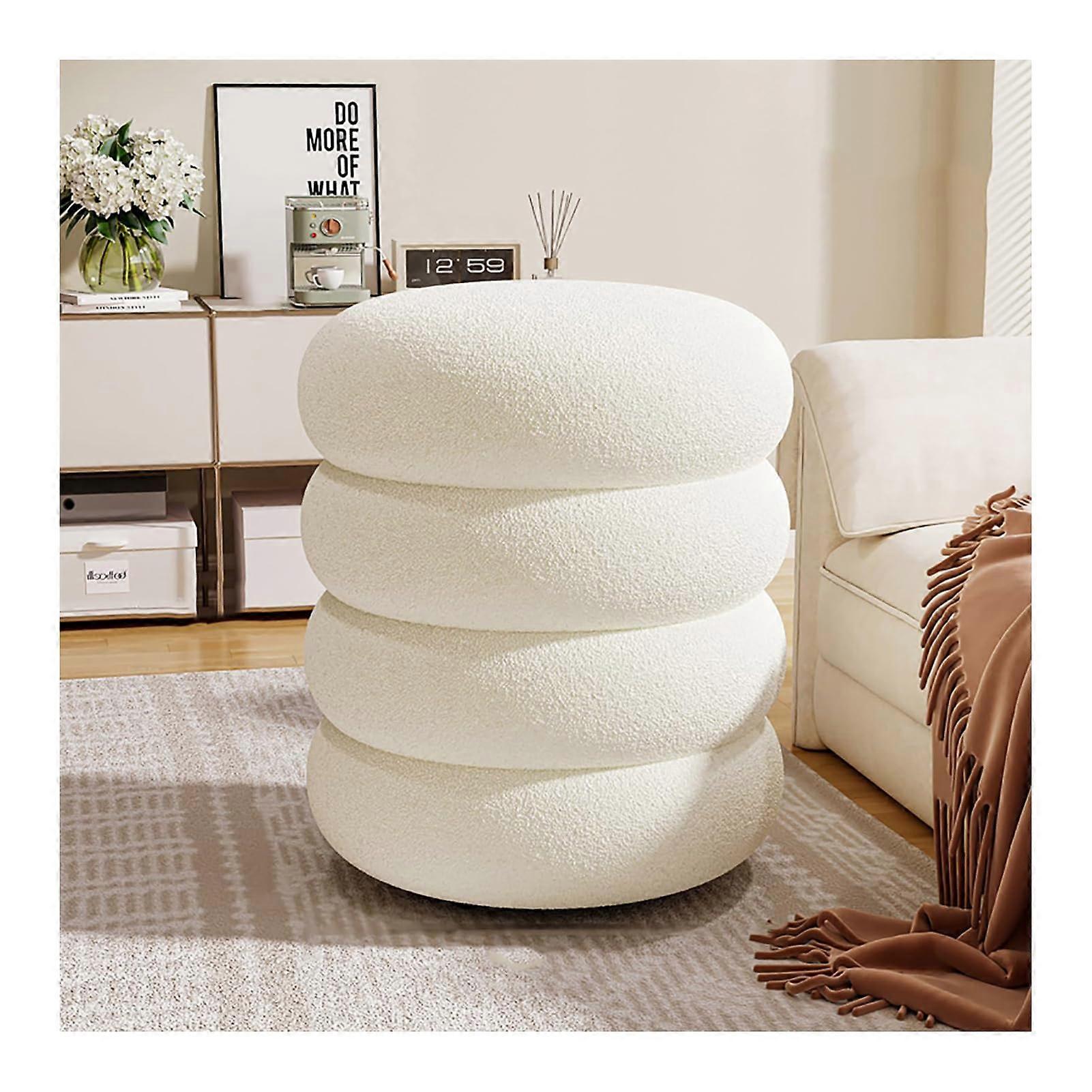 Round Boucle Pouf Ottoman, Compact Soft Upholstered Footstool, Plush Fabric Footrest for Sofa, Stylish Vanity Stool, 35x35x40cm (14x14x16in) Ref: 7453