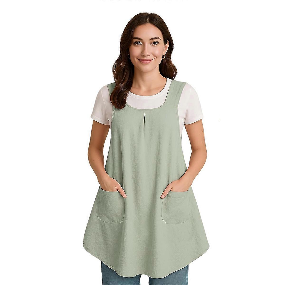 Apron with Pocket Cotton Linen, Japanese Back Apron for Gardening Painting Green