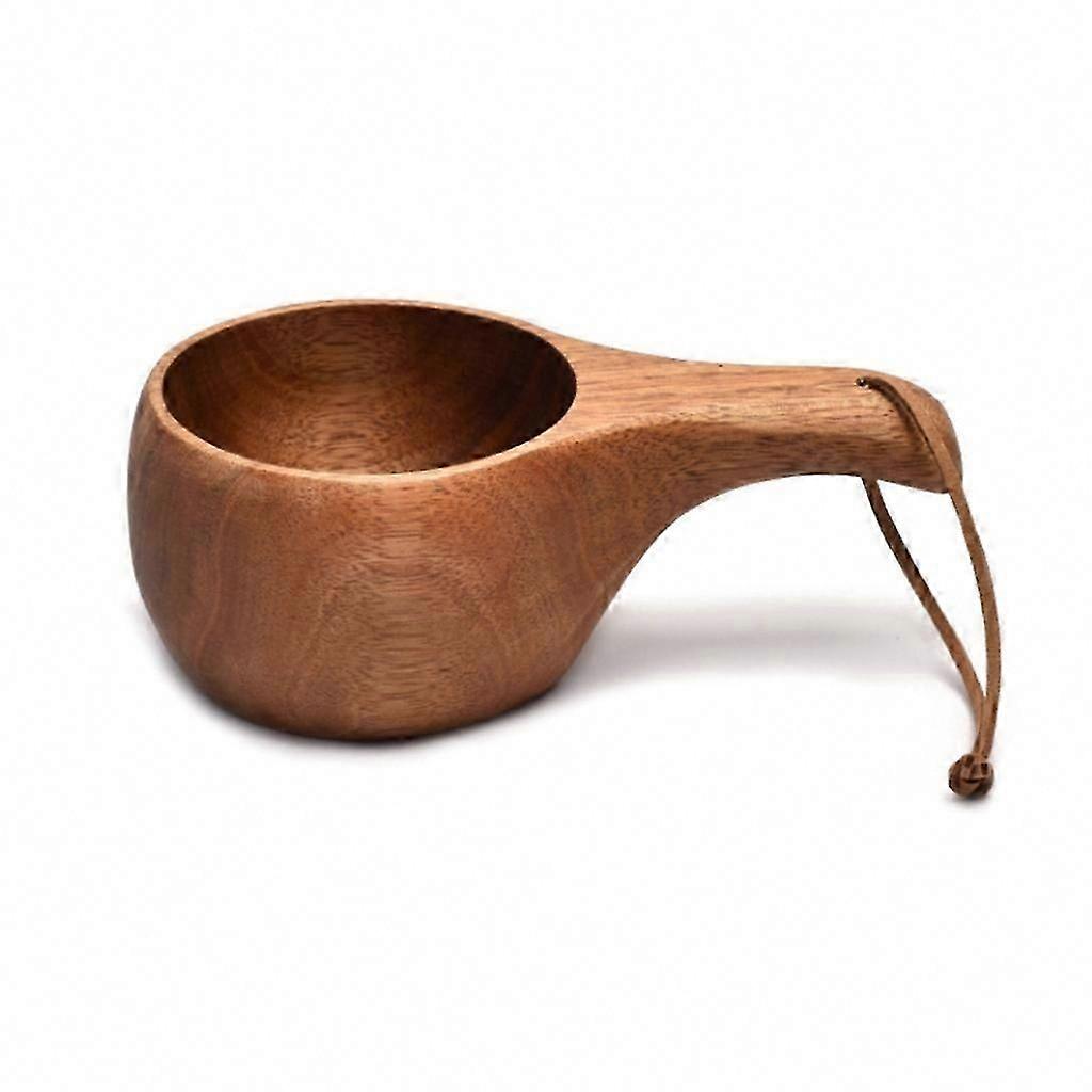 Finland Kuksa Portable Coffee Mug with Acacia Wood Handle and Cowhide Rope Hook for Juice, Milk, Coffee Drinking Cup