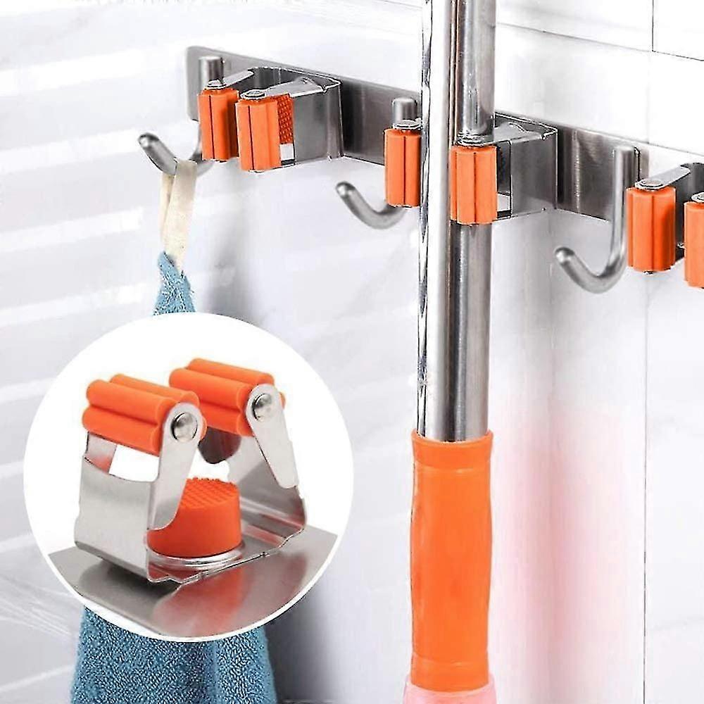 Practical broom holder, stainless steel wall-mounted storage tool with 4 brackets and 5 hooks, storage solution