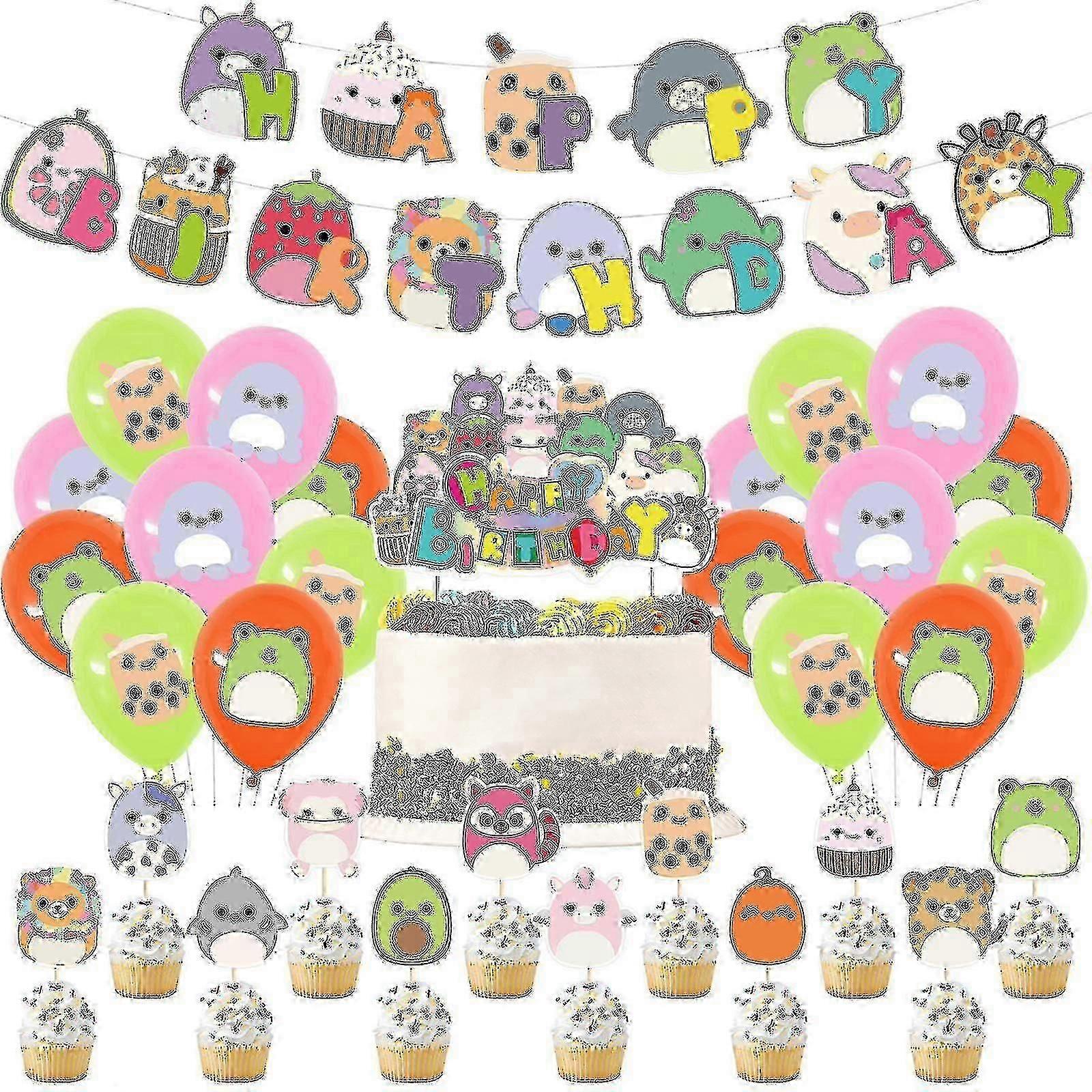 مجموعة ديكور حفلة عيد ميلاد Squishmallows مع لافتة ، كيك توبر وبالونات